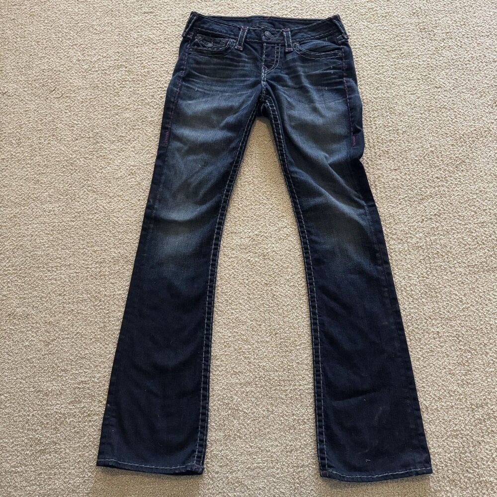 True Religion Bootcut Jeans Womens 28 Dark Wash Denim Low Rise Thick Stitch USA